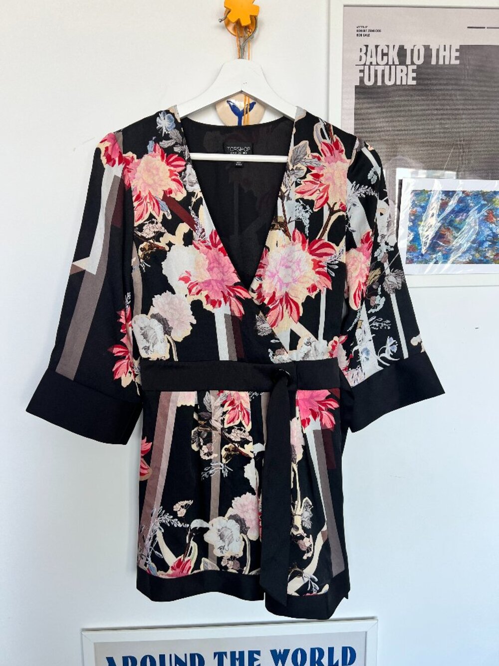 Topshop Floral Kimono Romper Black Pink Satin Look V-Neck Tie Waist Playsuit